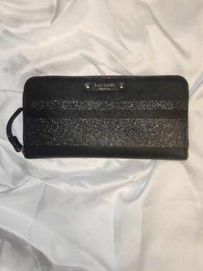 kate spade black glitter stripe zip-around wallet